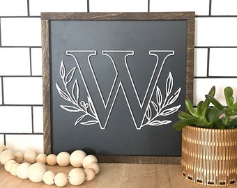 Custom initial sign wood monogram sign wood initial sign framed wood sign personalized wedding gift initial wall decor modern letter sign