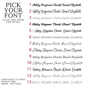 May include: A list of 13 different fonts, numbered 1 through 13, showing the names Ashley, Benjamin, Charlie, Daniel, and Elizabeth in each font. The text "Pick Your Font" is at the top of the image, and the text "Click and Zoom for Detail" is below the list of fonts. The text "Continue to Next Photo for More Options" is at the bottom of the image.