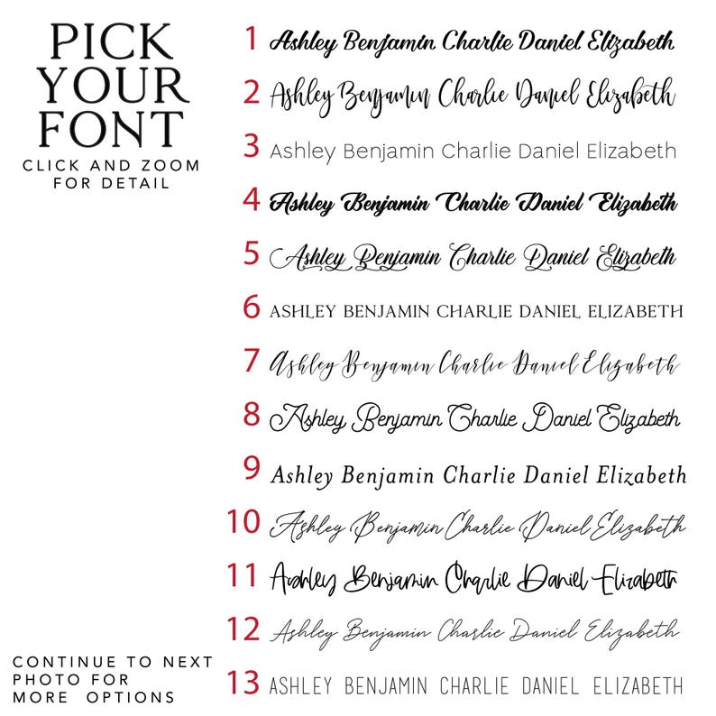 May include: A list of 13 different fonts, numbered 1 through 13, showing the names Ashley, Benjamin, Charlie, Daniel, and Elizabeth in each font. The text "Pick Your Font" is at the top of the image, and the text "Click and Zoom for Detail" is below the list of fonts. The text "Continue to Next Photo for More Options" is at the bottom of the image.