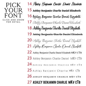 May include: A list of 14 different font styles for the names Ashley, Benjamin, Charlie, Daniel, and Elizabeth. The font styles range from cursive to block letters. The list is numbered from 14 to 27.