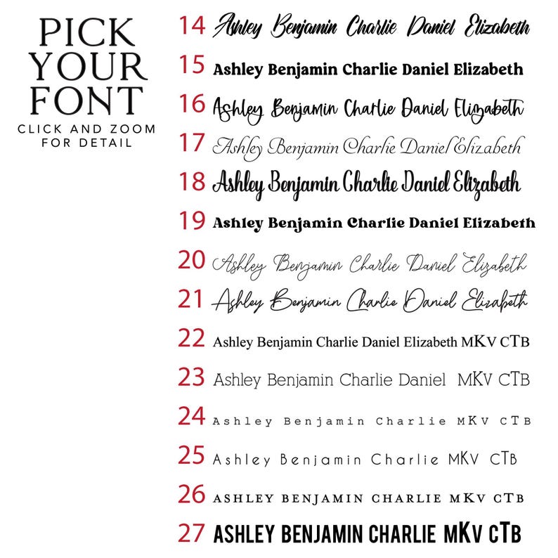 May include: A list of 14 different font styles for the names Ashley, Benjamin, Charlie, Daniel, and Elizabeth. The font styles range from cursive to block letters. The list is numbered from 14 to 27.