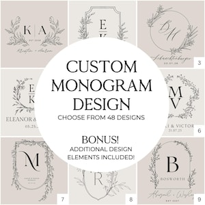 Puede incluir: Una colección de 48 diseños de monogramas personalizados con elementos florales y diferentes estilos de fuente. Los diseños son perfectos para invitaciones de boda, papelería y otros artículos personalizados. El texto "CUSTOM MONOGRAM DESIGN" se muestra en negrita. El texto "CHOOSE FROM 48 DESIGNS" se muestra debajo del título.