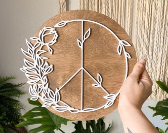 Round wood peace sign wood hippie wall decor floral sign wood boho wall decor 70s decor gift for her office decor hippie home decor boho