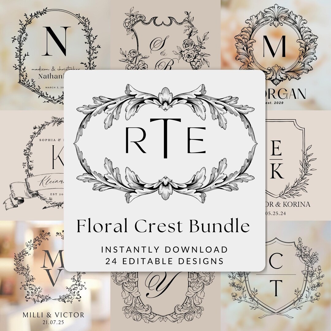 Floral Wedding Monogram Vintage Crest Romantic Wedding Logo Custom ...