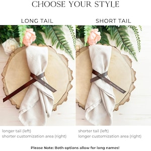 May include: Two images showing two different styles of leather napkin rings. The left image shows a long tail style with the name "MADISON" engraved on the ring. The right image shows a short tail style with the name "ABIGAIL WILLIAMS" engraved on the ring. Both images show the rings on a wooden surface with a napkin.