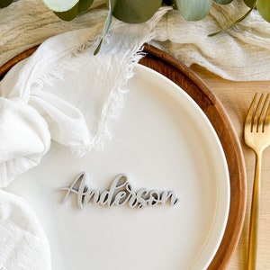 May include: A silver-colored wooden place card with the name "Anderson" written in cursive script. The place card is sitting on a white plate with a white napkin.