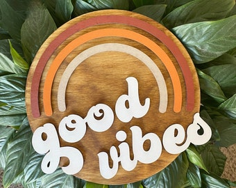 Good vibes rainbow sign 70s decor nursery decor hippie home decor hippie rainbow art round sign dorm decor office decor trendy gift for her