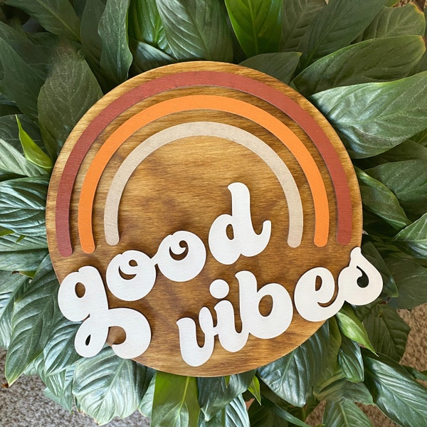 Good vibes rainbow sign 70s decor nursery decor hippie home decor hippie rainbow art round sign dorm decor office decor trendy gift for her