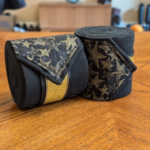 Polo Wraps, Black and Gold Stars on Black Fleece with Gold Glitter Ribbon, Sets of 2 or 4, Geometric Gold Stars Horse Leg Wraps