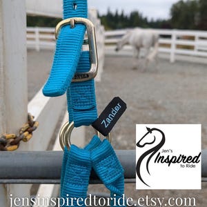 Op de afbeelding: Een turquoise paardenhalster met een zilveren gesp en een zwart label met de tekst "Zander". De halster hangt aan een metalen stang. Op de achtergrond is een wit paard te zien.