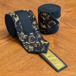 Polo Wraps, Black and Gold Halloween Icons on Black Fleece with Gold Glitter Ribbon, Sets of 2 or 4, Signs of Halloween Horse Leg Wraps