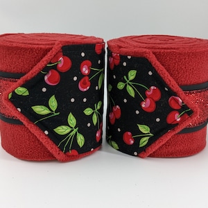 Polo Wraps, Cherry Print over Red fleece with Glitter Ribbon Stable Wraps, Set of 2 or 4, Bright and Cheery Red Horse Leg Wraps for Riders