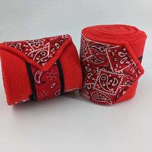 Polo Wraps, Bandana Print over Red fleece with Bandana Ribbon Stable Wraps, Set of 2 or 4, Bright Red Horse Leg Wraps