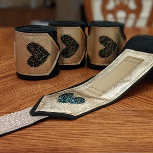 Saddleseat Sweetheart Horse Polo Wraps | Great gift for equestrians who love bling - Black and Gold Sparkle Stable Wraps