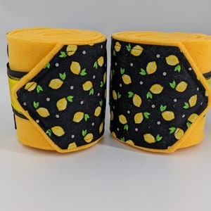 Polo Wraps, Lemon Print over Yellow fleece with Yellow Ribbon Stable Wraps, Set of 2 or 4, Bright and Cheery Yellow Horse Leg Wraps
