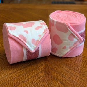 Polo Wraps, Pink Cow Print Flannel Fabric over Pink Fleece Stable Wraps, Set of 2 or 4, Sweet Strawberry Milk Horse Leg Wraps for Fun Riders