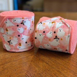 Polo Wraps, Pink Boo! Ghost Fabric over Pink Fleece Stable Wraps, Set of 2 or 4, Sweet Spooky Halloween Horse Leg Wraps for Fun Riders