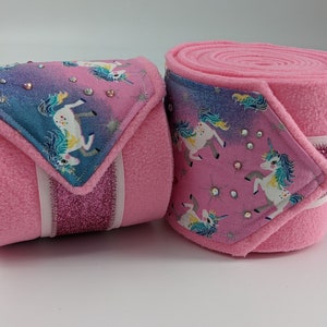Unicorn Polo Wraps, Sparkle Pink & Purple Unicorn print over Pink fleece Stable Wraps, Set of 2 or 4, Wonderful for Children and Adults