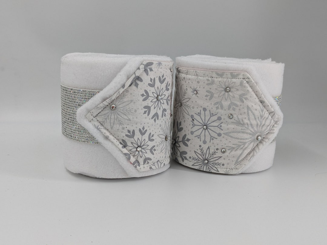 White Polo Wraps, Snowflakes Over White Fleece for Winter Dressage