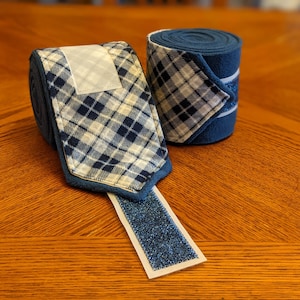 Blue Plaid Horse Polo Wraps, Blue and White plaid flannel over blue fleece with blue glitter ribbon leg wraps for winter riding at its best