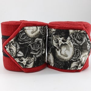 Polo Wraps, Skulls and Roses on Blood Red Fleece and Glistening Glitter Ribbon Stable Wraps, for Halloween or Rockin&#39; Rollin&#39; Ridin&#39;