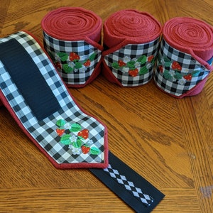 Strawberries Horse Polo Wraps | Embroidered Strawberries, Black and White Gingham Vinyl over Red Fleece Leg Wraps | Summer Riding Essential