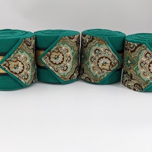 Polo Wraps, Fancy Paisley Green and Brown with metallic gold fabric on dark Green Fleece Stable Wraps, Set of 2 or 4, beautiful horse polos