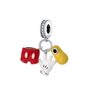 Ciondolo in argento sterling 925 pantaloni rossi, guanto bianco e pantofola gialla di un divertente topo dei cartoni animati per bracciale europeo, accessorio fantasy