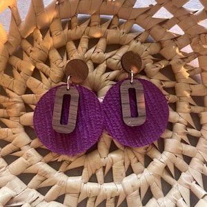 Magenta Palm Leather Dangle Earrings: Handmade Boho Statement Jewelry