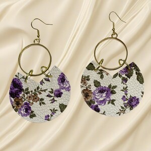 Floral Faux Leather Dangle Earrings: Brass Ring, Lightweight Handmade Jewelry