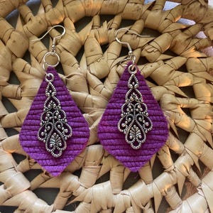 Magenta Palm Leather Dangle Earrings: Handmade Boho Statement Jewelry