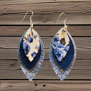 Floral Feather Faux Leather Earrings: Purple, Blue & White Handmade Drops