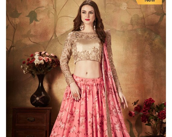 Pink Floral Digital Printed Organza Wedding Wear Lehenga Choli for women
