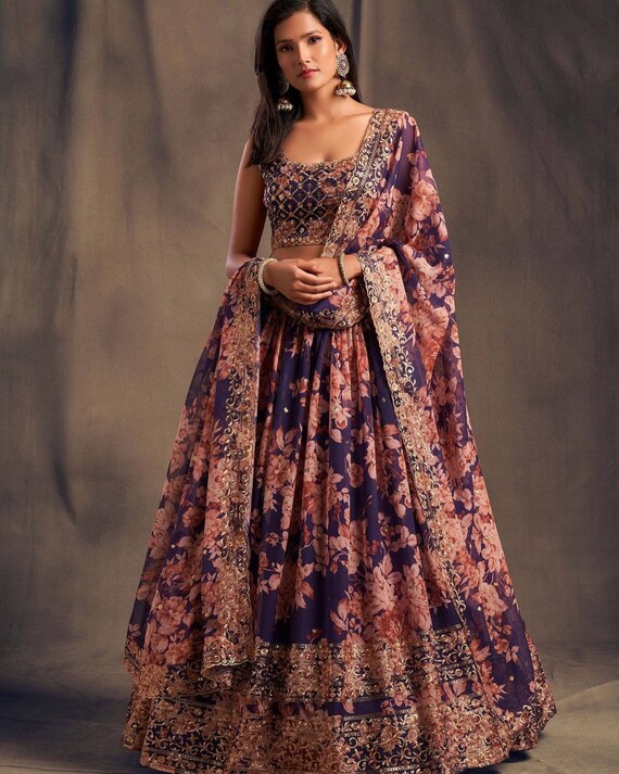 Extending Purple Zari Embroidery Organza Occasional Wear Semi Stitched Lehenga Choli