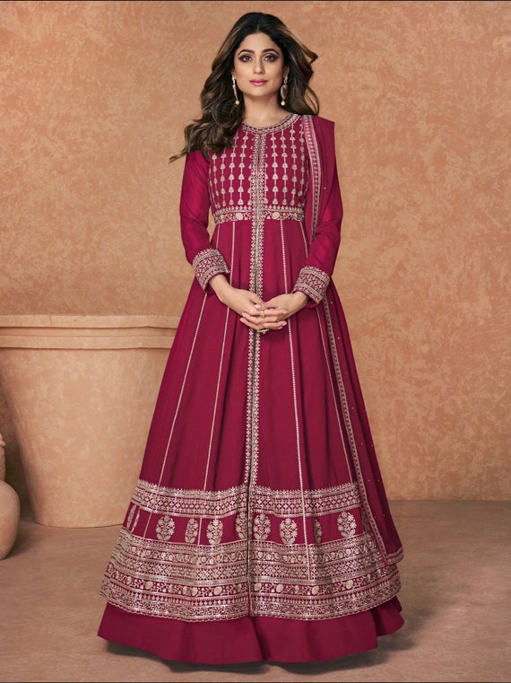 Partywear Red Embroidery Georgette Readymade Anarkali Gown