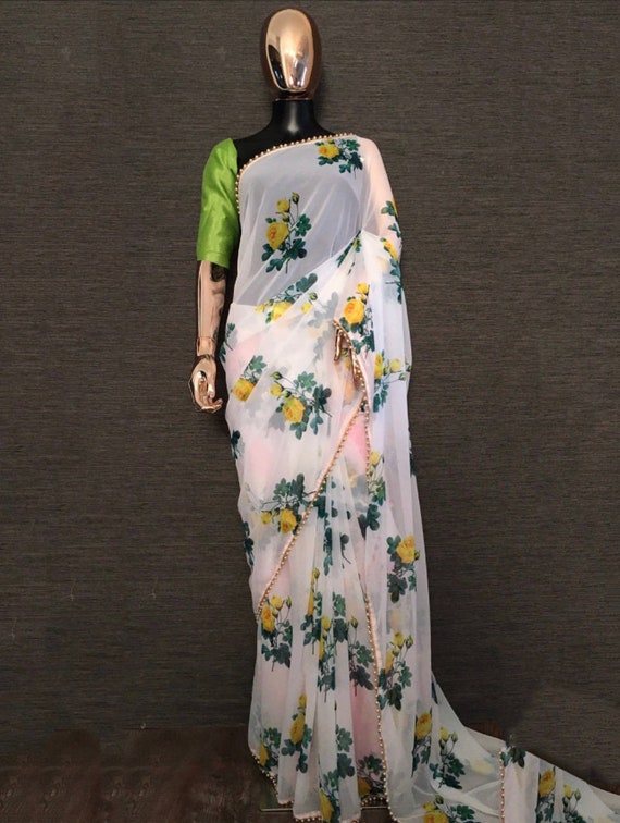 White Yellow Floral Printed Georgette Festival Wear Saree