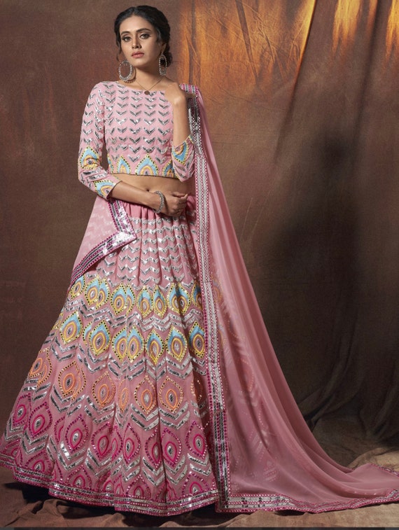 Sabyasachi Wedding bride bridesmaids lehenga / Pink Mirror Work Silk Party Wear Lehenga Choli With Dupatta /gagra choli