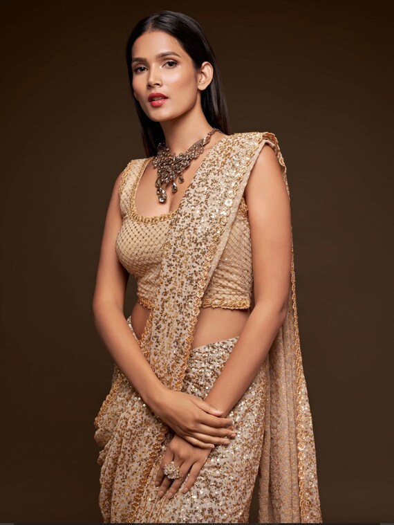 Ivory Fully Sequined Georgette Party Wear Saree