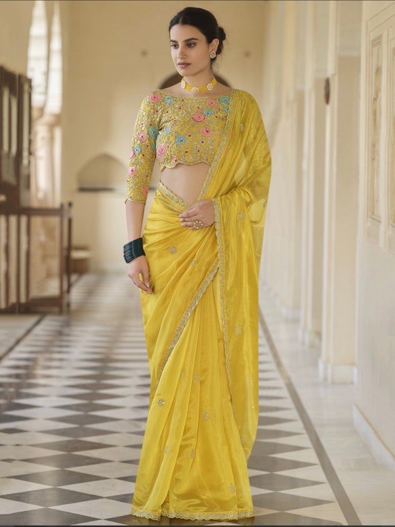 Yellow Floral Embroidered Organza Festive Wear Saree