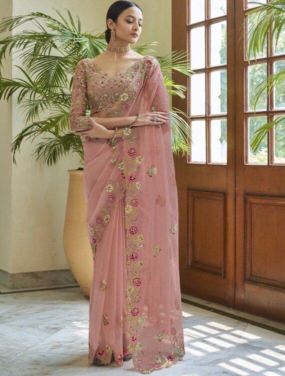 Peach/yellow Floral Embroidered Organza Party Wear Saree