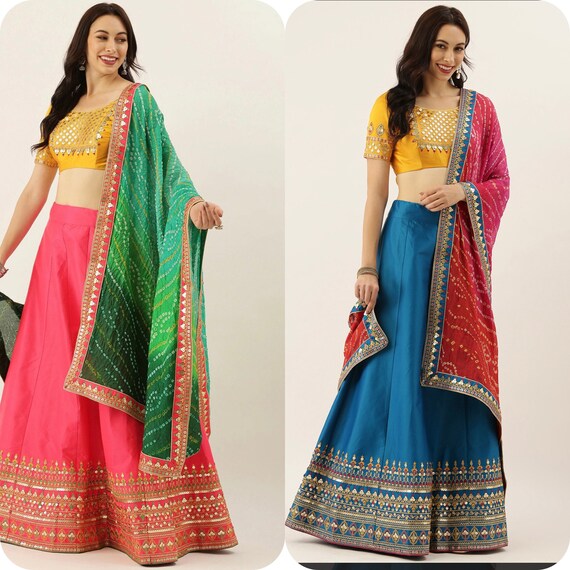 Yellow satin mehendi lehenga with bandhani dhupatta Wedding/bride/bridesmaids set indian traditional women wear