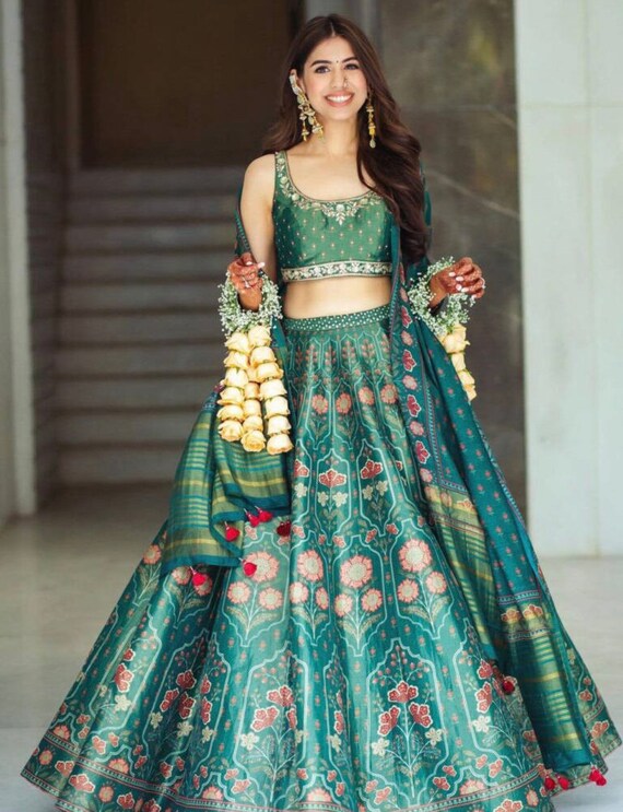 Designer Bottle green satin silk partywear wedding /haldi/mehendi ready lehenga choli
