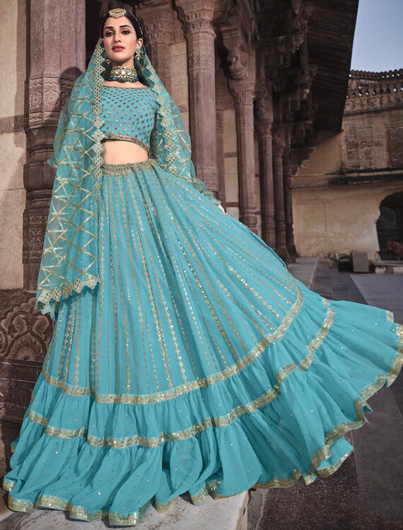 Blue Sequins Georgette Party Wear Lehenga Choli