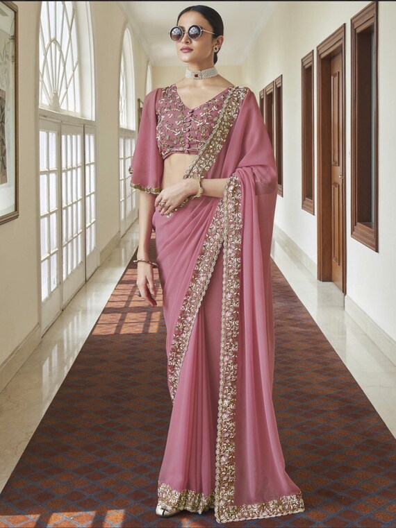 Pink/white/orange summer Georgette Festival Wear soft Saree With Blouse