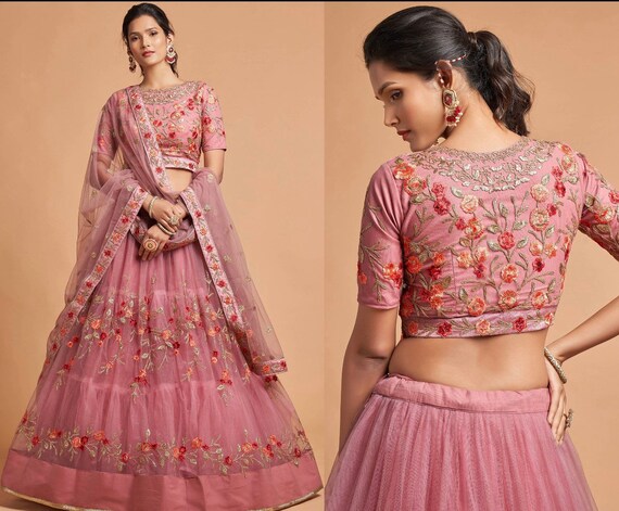Dusty Pink Thread Embroidered Net Wedding Wear Lehenga Choli