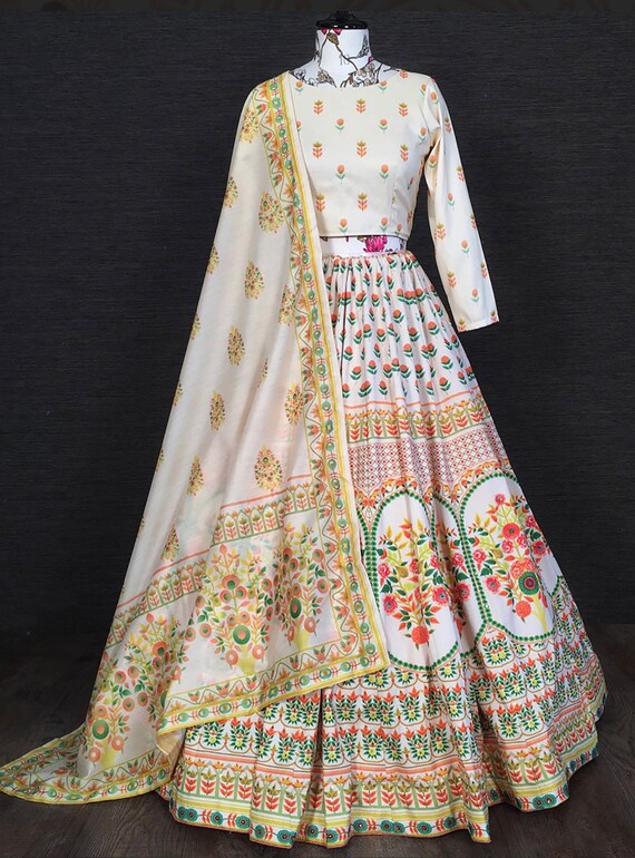 Off White Floral Printed Silk Festival Wear Lehenga Choli