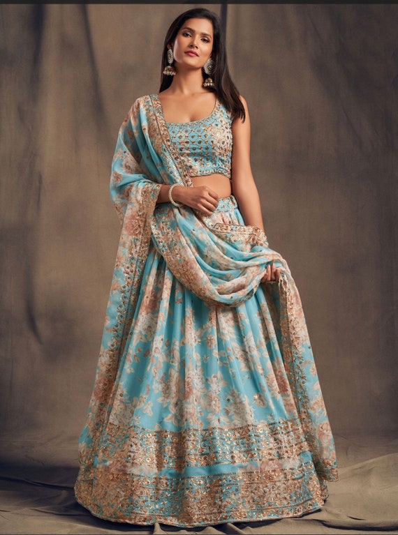 Sky Blue Zari Embroidery Organza Occasional Wear Lehenga Choli