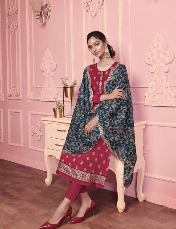Rani Pink Hand Work Georgette Festive Wear Pant Salwar Suit