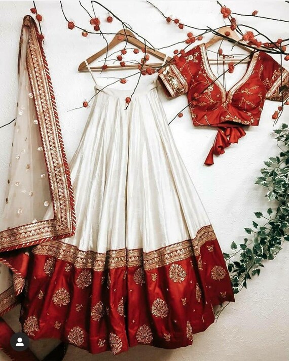 Red and White Embroidered Silk Wedding Wear Lehenga Choli Latest designer indianwear dresses for women