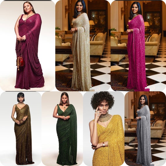 Sabyasachi inspired designer ready to wear Gray/pink/green/olive/yellow Sequins Georgette Party Wear Saree